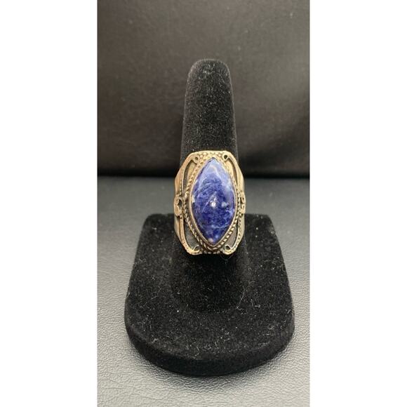 Vintage Silver Tone Dark Romantic Beautiful Blue Lapis Stone Ring Size 5 1/2 - Picture 1 of 4